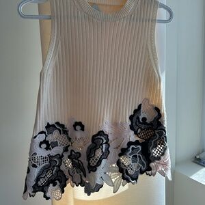 Philip Lim - Cream Ribbed Tank Top with Black & White Floral Lace Applique